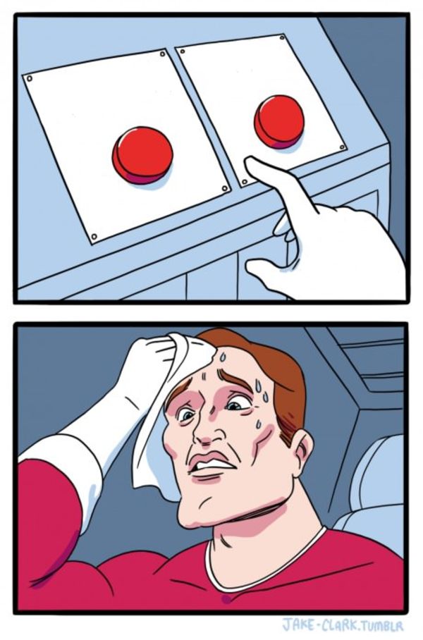 Two Buttons meme about Orla Kiely