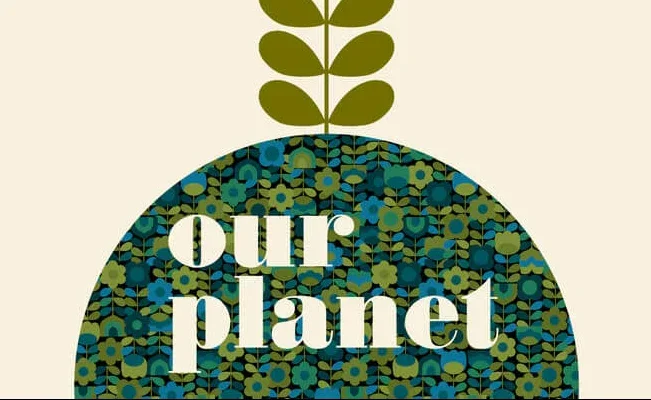 Orla Kiely Our Planet illustration with a stem leaf over a green and blue spot print
